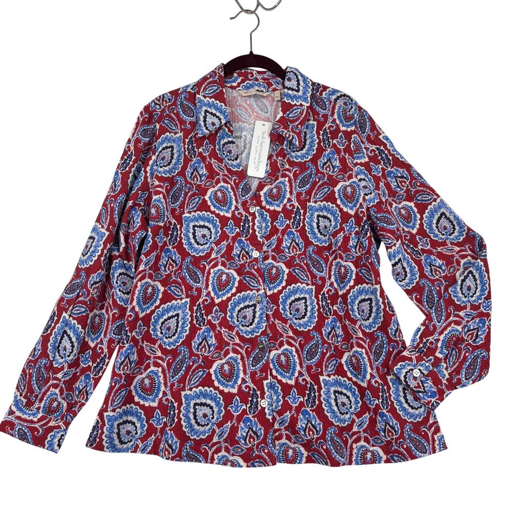 Soft Surroundings Addison Gauze Big Shirt Size L Red Blue Cynthera Paisley